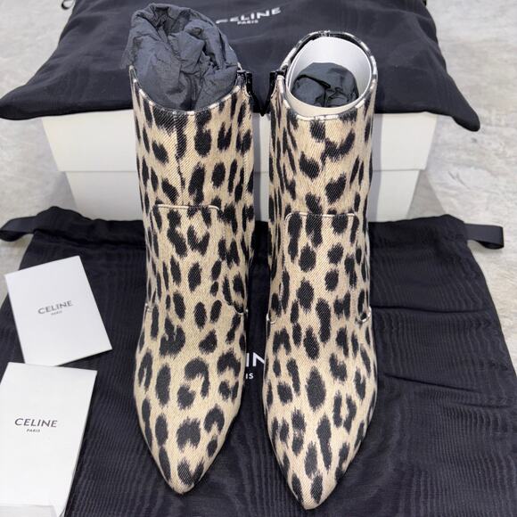CELINE Boots Beige black Leopard pattern cloth canvas western casual NEW US5.5 - Picture 3 of 13